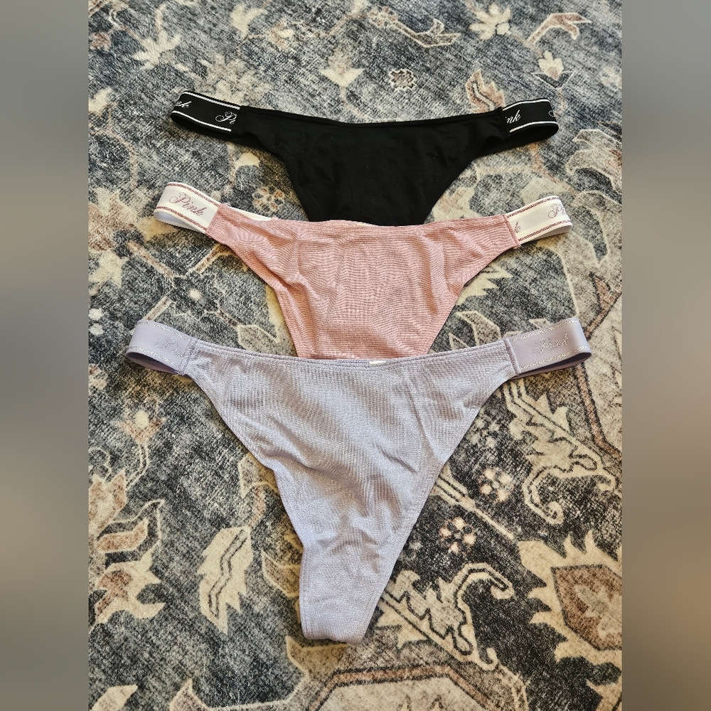 PINK Victoria's Secret Black, Pink & Lilac Ribbed Thong Set